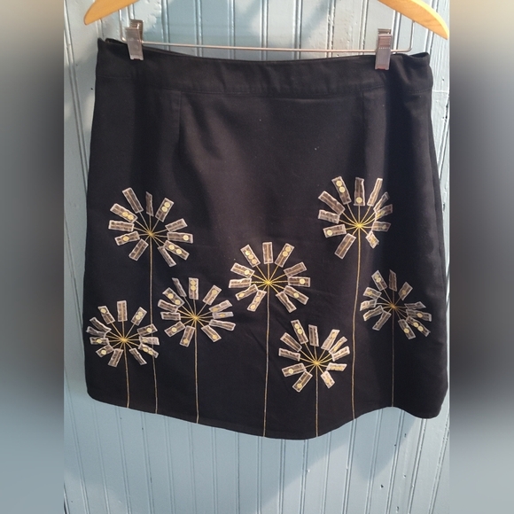 Boden Black A-Line Midi Skirt With Ribbon Sequin Flower Detail | Cotton | 12R - Picture 2 of 8